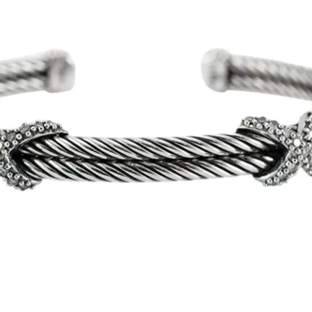 David Yurman 925 Sterling Silver Diamond Double X Cuff Bracelet